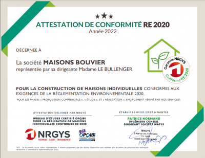 Attestation de conformité RE2020 pour Maisons Bouvier